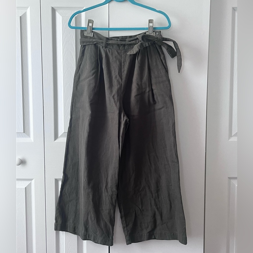 High-Waist Tie Belt Wide-Leg Pants - Dark Olive